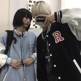 Spring Autumn Coat American Baseball Bomber Jacket Loose Letter R Women Couples Tops Harajuku Plus Size Female Streetwear 210914