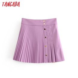 Tangada women faux leather pleated skirts faldas mujer buttons female purple elgant mini skirt QN52 210708