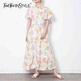 Print Patchwork Lace Dress For Women Stand Collar Short Sleeve High Waist Elegant Dresses Female Fashion 210520
