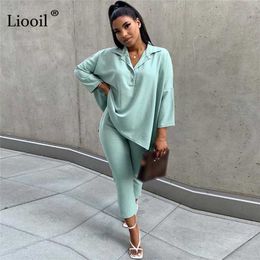 2 Piece Set Casual Loose T Shirt Tops And Pants Cropped Trousers Streetwear Asymmetric Button Up Green Apricot Sexy outfits Sets 211105