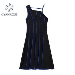 Spaghetti Strap One Shoulder Women's Dress E-Girl Aesthetic Striped Spliced Black Dresses Trendy Streetwear Vestidos Mujer 210515