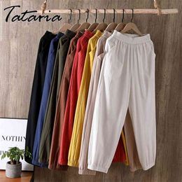 Ice Silk Cotton Linen Pants Vintage Coffee Solid Color Women Harem Ankle-length High Waist Sweatpants Trousers 210514