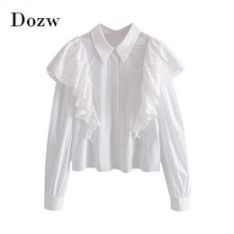 Women White Blouse Shirt Lace Ruffle Turn Down Collar Blouse Long Sleeve Ladies Office Shirt Cotton Casual Tops Chemise Femme 210414