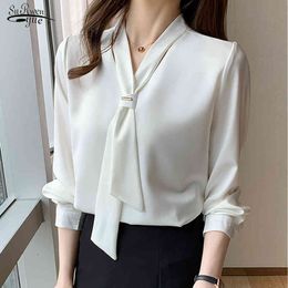 Fashion Chiffon Women Blouse and Tops Office Long Sleeve Solid Women Shirts with Tie V Neck Loose Female Clothing 13022 210518