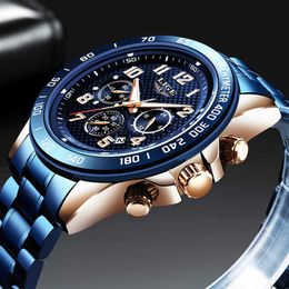 LIGE Blue Fashion Mens Watches Top Brand Luxury Watch Men Military All Steel Waterproof Clock Male Sport Chronograph 210527