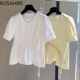 Korean Shirring Doll Shirt Causal O-neck Puff Sleeve Woman Blouse Summer Sweet Blusas Mujer De Moda 6J234 210603