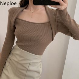 Neploe Fake Two Knitwear Woman Sweaters Chic Square Collar Long Sleeve Knit Pullovers Solid Colour Slim Jumper Tops Pull Femme 210422