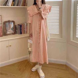 Femme Loose Streetwear Plaid Summer Geometric Dress Party Long Elegant Retro Short Sleeves Vestidos 210525