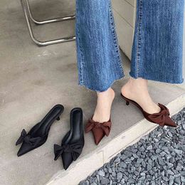 2022 New Women Pumps Thin Heels Ladies Mules Fashion Pointed Toe Female Bow knot Slippers Elegant Woman Slip On Slides Shoes