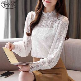 Fashion Stand-up Collar Bottoming Shirt Autumn Long Sleeve Lace Blouse Women Pullover Solid White Ladies Tops Blusas 11098 210417
