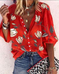 Summer Women Plus Size Vintage Floral Print T-Shirt Femme Lantern Sleeve Button Front Tunic Ladies Casual Blouse New Clothe 210415