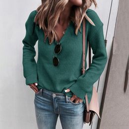 Women Autumn V-neck Pullovers Knitted Sweaters Winter Casual Loose Sweater Tops Female Long Sleeve Solid Tops Jumpers 210415