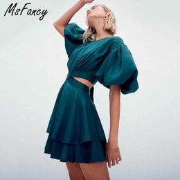 msfancu summer mini dress women sexy Dew waist bandage short sleeve vestidos de mujer elegant robe 210604