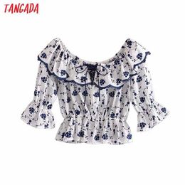 Tangada Women Retro Flowers Embroidery Statement Collar Shirt Short Sleeve Chic Female Short Blouse Shirt Tops 3H398 210609