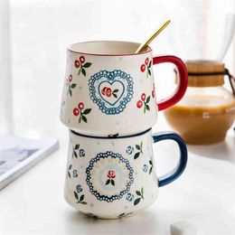 450/220/350ml Cherry Coffee Milk Breakfast Cup With Handle Ceramic Lovers Mugs Tumblers office Home Drinkware Tool 210409