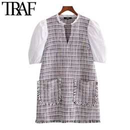 TRAF Women Chic Fashion Patchwork Frayed Tassel Tweed Mini Dress Vintage Lantern Sleeve Pockets Female Dresses Mujer 210415