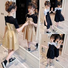 Teen Girls Dress Spring Summer Patchwork Short Sleeve Drawstring Dresses Cotton for Girls Clothes Kids Costume 6 8 10 12 13Years Q0716