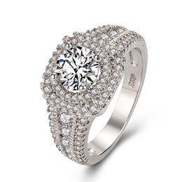 Round Cut 4-Prong Setting Wedding Women Ring Band 18k White Gold Filled Halo Crystal Inlaid Fashion Gift