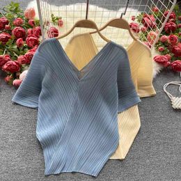 Neploe V Neck Draped Design Loose Knit T Shirt Women Sexy Open Back Solid Tees Summer New Solid Ladies Top All Match 210423