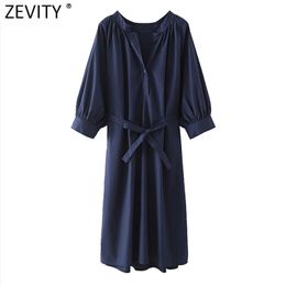 Women Simply Solid Colour V Neck Pleats Puff Sleeve Shirt Dress Female Chic Bow Sashes Casual Business Vestido DS5032 210416
