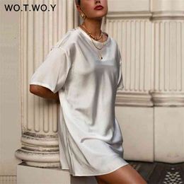 WOTWOY Summer Solid Silk T-Shirt Dress Women Basic Loose Mini Dress Women Short Sleeve Casual Black White Tops Femme Soft 210331