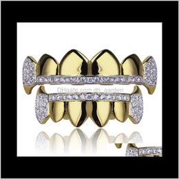 Grillz, Dental Body Jewellery Drop Delivery 2021 Hip Hop Hipsters Diamond Dientes Grillz Caps 18K Electroplated Zircon Microinlaid Fangs Gold R