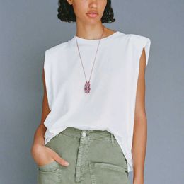 ZA Shoulder Pad T-shirt Women Sleeveless O-neck Summer Top Feminine Solid Colour Slim Summer T-shirts Woman Tshirt 210602