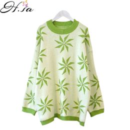 H.SA Winter Pullovers Long Sleeve Leaf Oneck Oversized Pull Jumpers Pearl Beading Knit Tops Loose Pullover 210417