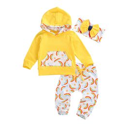 0-3Y Autumn born Infant Baby Girl Rainbow Clothes Set Long Sleve Hooded T shirt Top Pants Outfits Costumes 210515