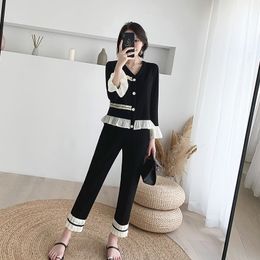 Women Autumn Knit Flare Sleeve Cardigans Loose Pleated Hem Pants Sets V Neck Single Breasted Knitted Tops Ankle-Length Pant Suit 210412