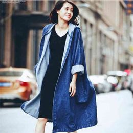 Spring And Autumn European American Casual Loose Over The Knee Coat Hooded Denim Women 210427