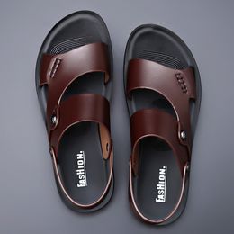 Sandals Summer Fashion Men Yomior Shoes Vintage Real Leather Non-slip Beach Slip-On Travel Flip Flop Slippers Black Brown