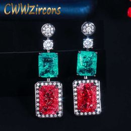 Princess Cut Red Blue Cubic Zirconia Crystal Dangle Drop Long Vintage Wedding Earrings for Brides Party Jewellery CZ758 210714