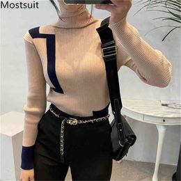 Color-blocked Turtleneck Knitted Pullover Jumpers Women Full Sleeve Slim Fashion Korean Female Tops Sweaters Femme 210513