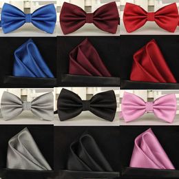 Men Bow Tie Set Solid Silk Royal Blue Wedding Red Grey Orange Purple Tie