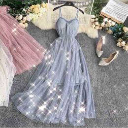 Women Sequins Dress Vestidos Mujer Summer Slim Spaghetti Long Robe Fashion Ladies V-neck Backless Party Mesh 210525