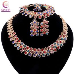 Fashion Bridal Wedding Gold color Rhinestone African Costume Dubai Party Necklace Bracelet Earring Ring Jewelry Set H1022