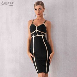 Summer Bodycon Bandage Dress Women Elegant Sexy Spaghetti Strap Black Striped Club Celebrity Party 210423