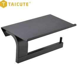 TAICUTE Bathroom Toilet Paper Roll Holder with Phone Shelf Stainless Steel Wall Mount Tissue Towel Hanger Matte Black 210709