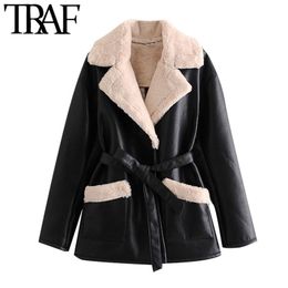 TRAF Women Fashion With Fur Faux Leather Thick Warm Jacket Coat Vintage Long Sleeve Tied Belt Female Outerwear Chic Top 210415