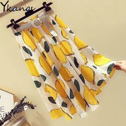 Plus Size Women Summer Cotton Beach Casual Skirt Lemon Print Pleated Long Skirt with Belt Ladies Elastic High Waist Midi Skirt 210412