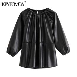 Women Fashion Faux Leather Patchwork Loose Blouses O Neck Three Quarter Sleeve Female Shirts Chic Tops 210420