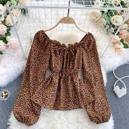 Autumn Sweet Shirt Female Wooden Ears Square Collar Western Style Puff Sleeve Retro Leopard Print Top UK505 210506