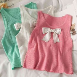 Diamond-studded Bow Tie Round Neck Sleeveless Small Vest Women's Summer Slim Short Crop Top Trendy 210507