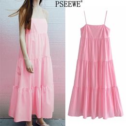 Dress Woman Pink Slip Long Summer Female Spaghetti Strap Sleeveless Ruffle Women es Beach Sundress 210519