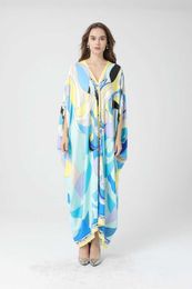 Geometric Print Plus Size Robe Knitted Silk V-Neck Batwing Sleeve A-Line Ankle-Length Summer Dress for Women 210615