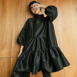 Puff Three Quarter Sleeve Dresses For Women Ruffled Collar Black Mini Ball Gown Dress Female Spring Korean FL350 210427