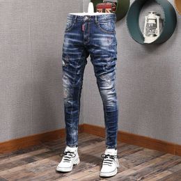 Fashion Streetwear Men Jeans Retro Blue Elastic Slim Fit Spliced Designer Ripped Biker Pants Homme Italian Vintage Trousers Male 210622