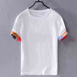 New men's casual linen short-sleeved t shirt white loose trend men t-shirt brand round neck t shirts for men tops chemise camisa G1229