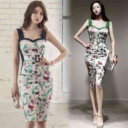 summer women's ladies single-breasted bag hip print dress Office Lady Polyester Knee-Length 210416